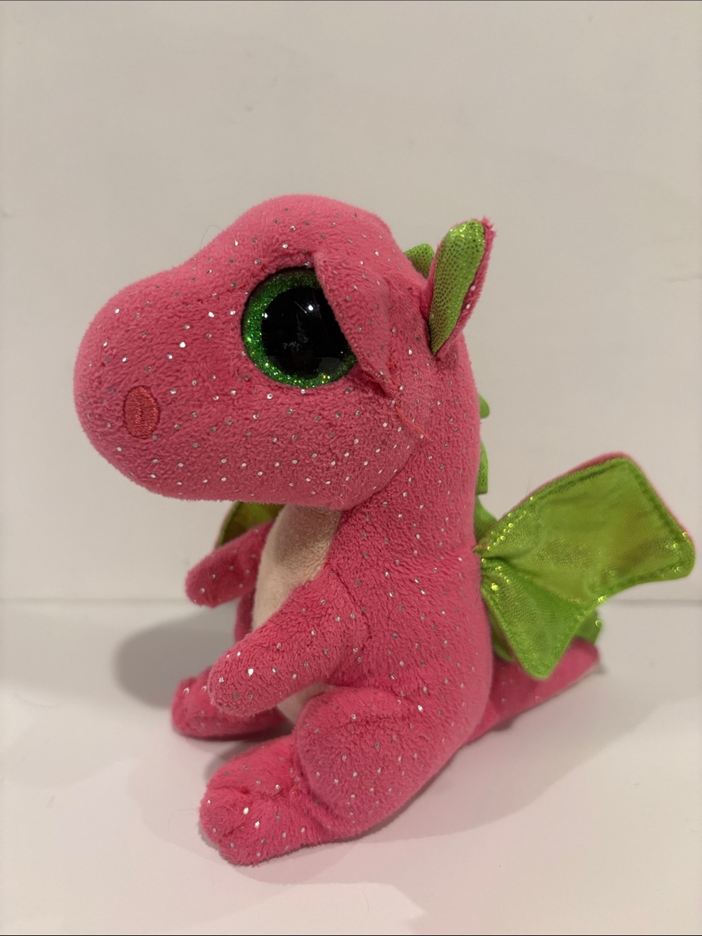 Pink Sparkle Dragon Plush with Green Wings and green eyes beanie baby